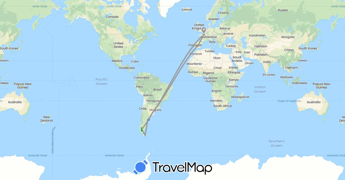 TravelMap itinerary: driving, bus, plane, hiking in Argentina, Chile, Spain, France (Europe, South America)